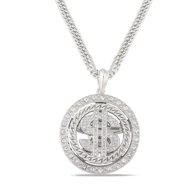 Hip Hop Rotatable US Dollar Pendant Necklace Men Gold Sliver Color Ice Out Crystal Sign Rock Pendant Bling Rapper Bling Jewerly