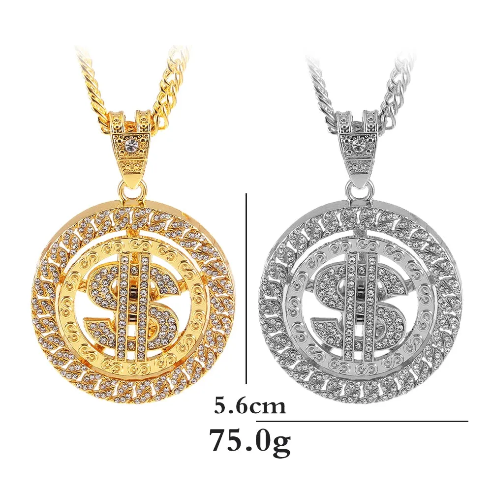 Hip Hop Rotatable US Dollar Pendant Necklace Men Gold Sliver Color Ice Out Crystal Sign Rock Pendant Bling Rapper Bling Jewerly