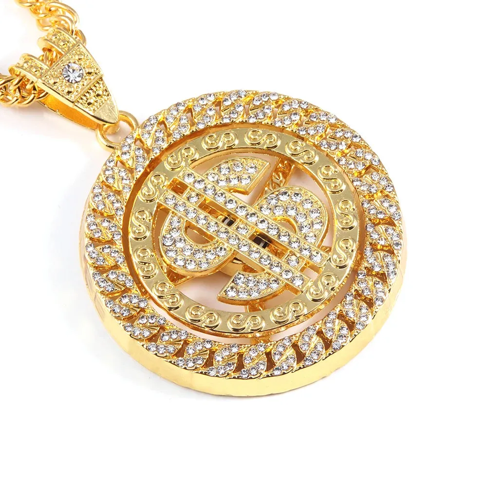 Hip Hop Rotatable US Dollar Pendant Necklace Men Gold Sliver Color Ice Out Crystal Sign Rock Pendant Bling Rapper Bling Jewerly