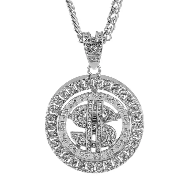 Hip Hop Rotatable US Dollar Pendant Necklace Men Gold Sliver Color Ice Out Crystal Sign Rock Pendant Bling Rapper Bling Jewerly