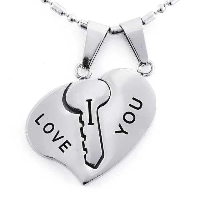 His & Hers Matching Stainless Steel Key Heart Couples Necklace Set
