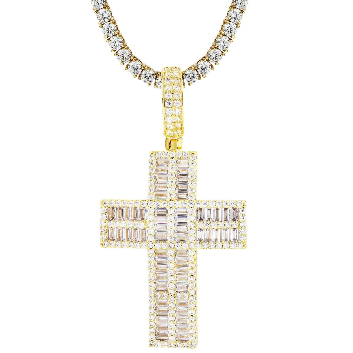 Holy Cross Two Row Baguette Religious God Pendant Necklace
