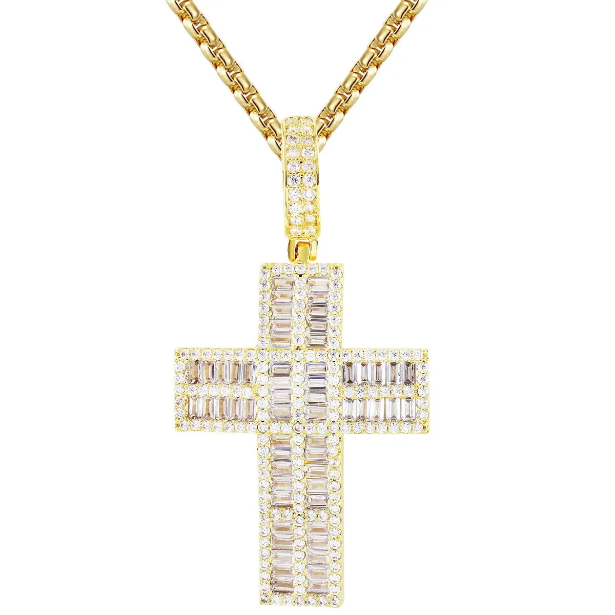Holy Cross Two Row Baguette Religious God Pendant Necklace