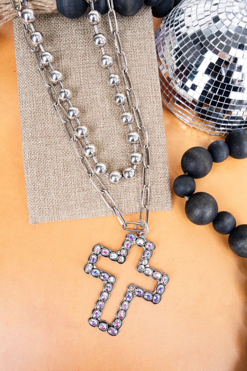 Iridescent Isabelle Cross Silvertone Double Necklace