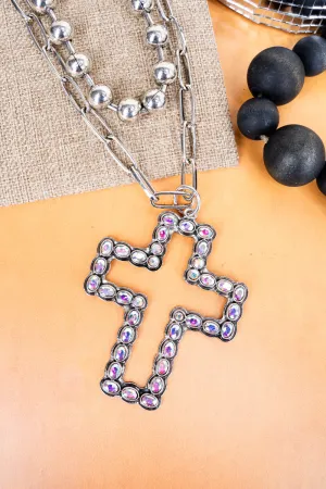 Iridescent Isabelle Cross Silvertone Double Necklace