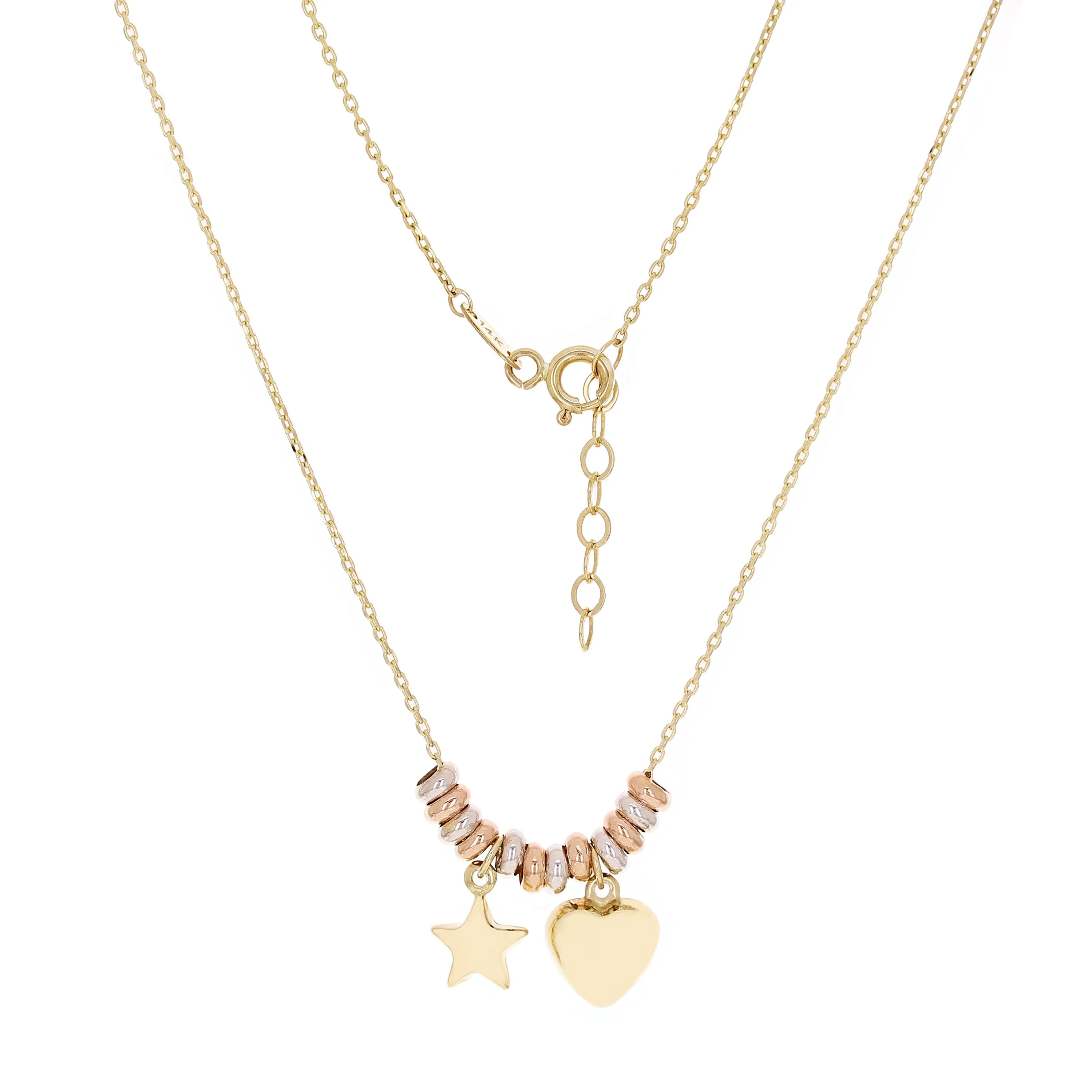 Italian 14k Tri Color Gold Heart & Star Charm Pendant Necklace 17.5" 2.8 grams