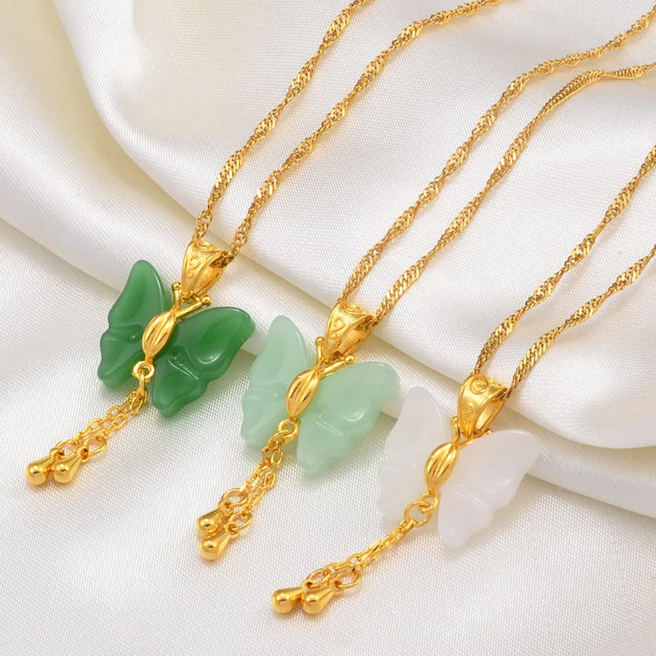 JADE  butterfly Necklaces for Women Green White Stone Charms Pendants Jewelry Birthday Wedding Party Accessories #002536