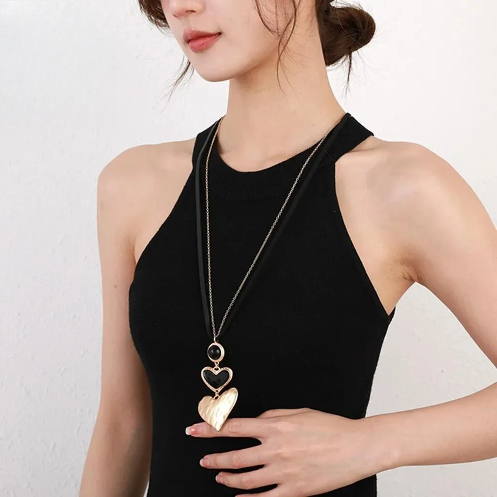 Korean Fashion Sweet Heart Necklace for Women Trendy Metal Long Collar Chains