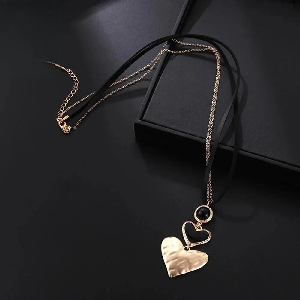 Korean Fashion Sweet Heart Necklace for Women Trendy Metal Long Collar Chains