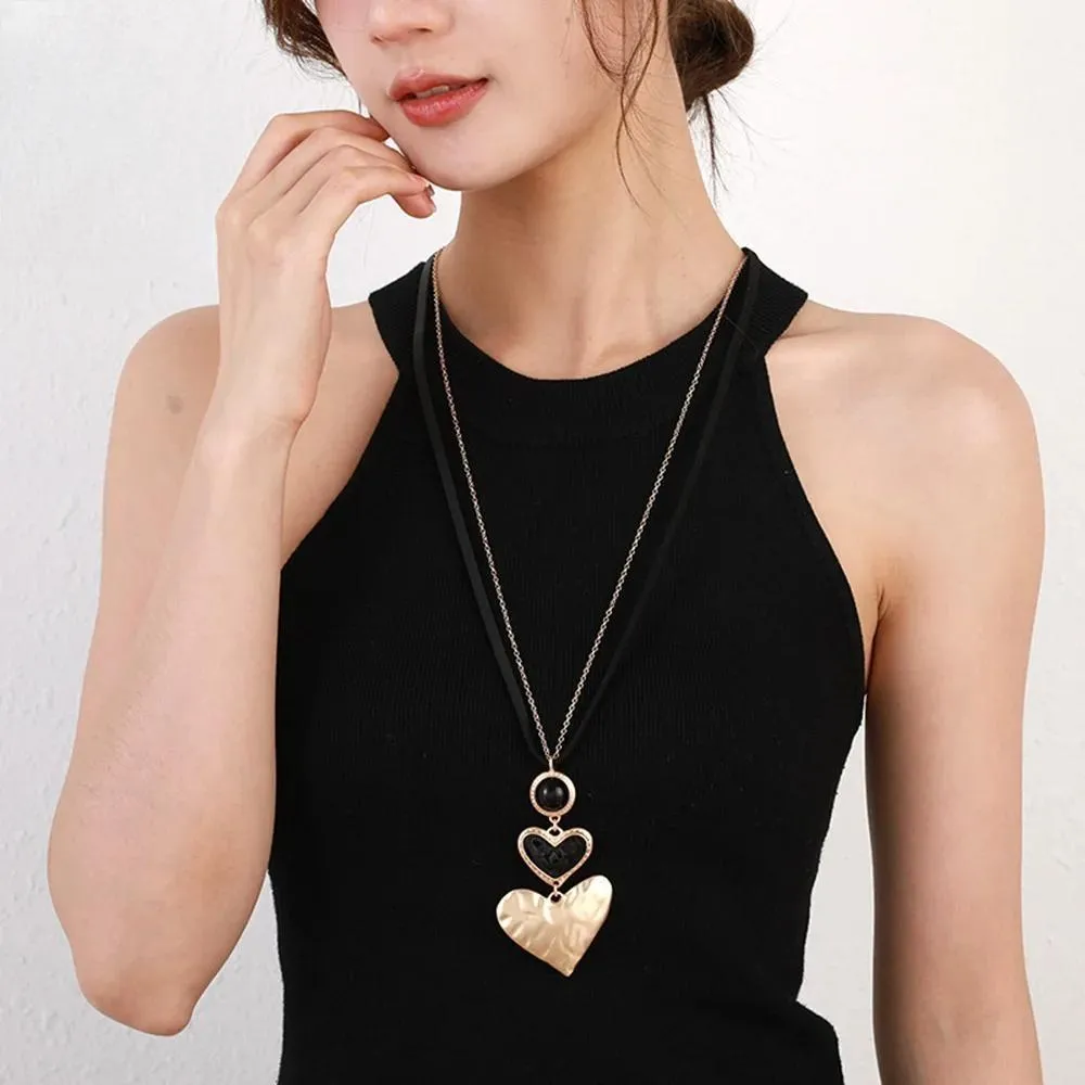 Korean Fashion Sweet Heart Necklace for Women Trendy Metal Long Collar Chains