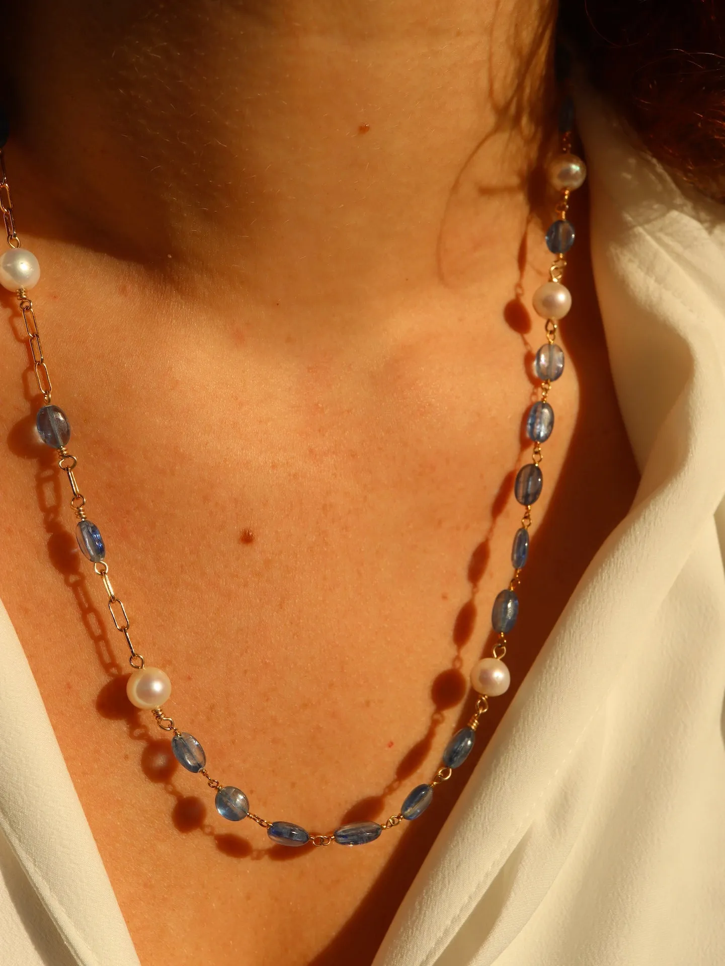 Kyanite & Pearl paperclip chain necklace