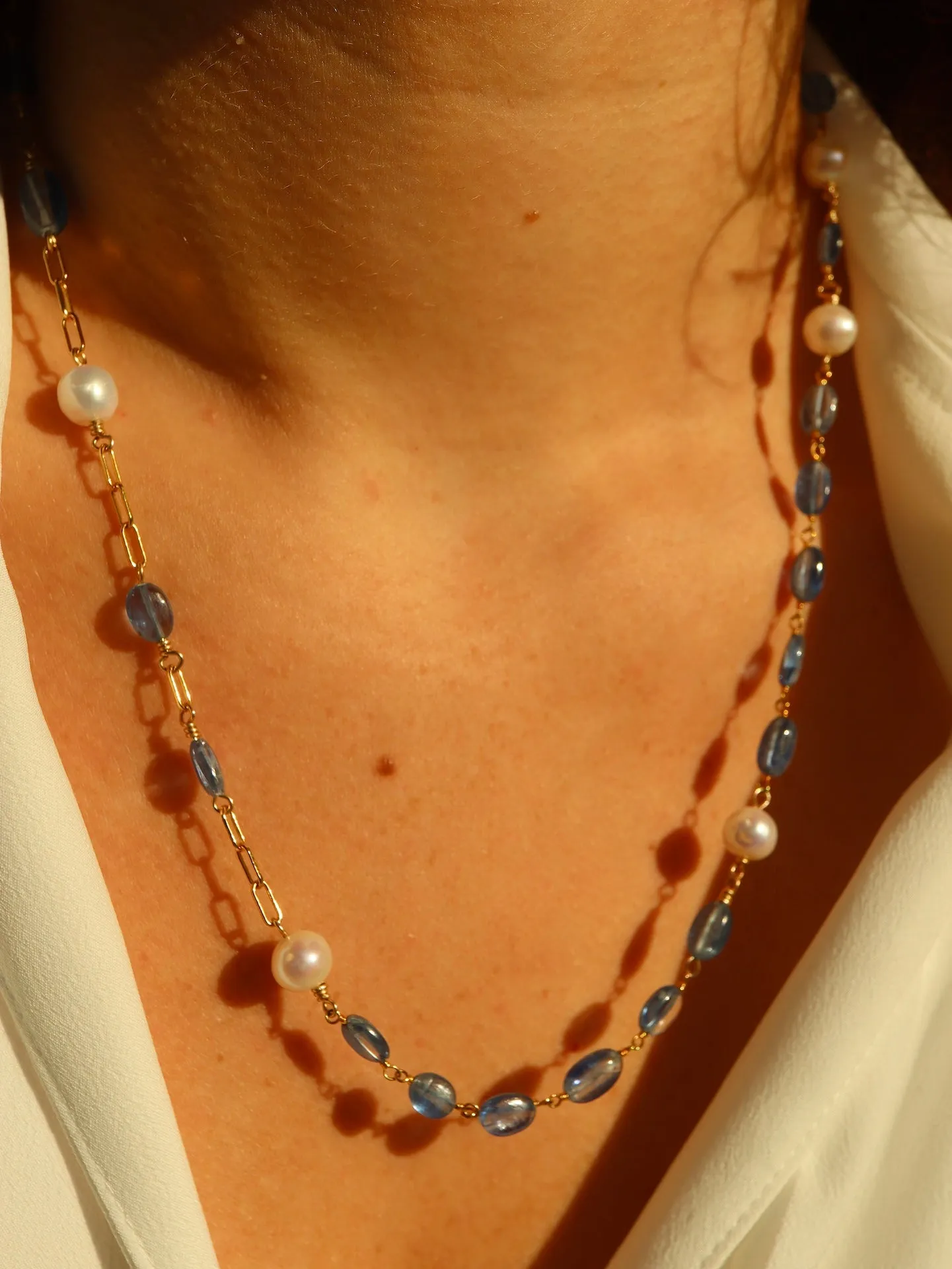 Kyanite & Pearl paperclip chain necklace