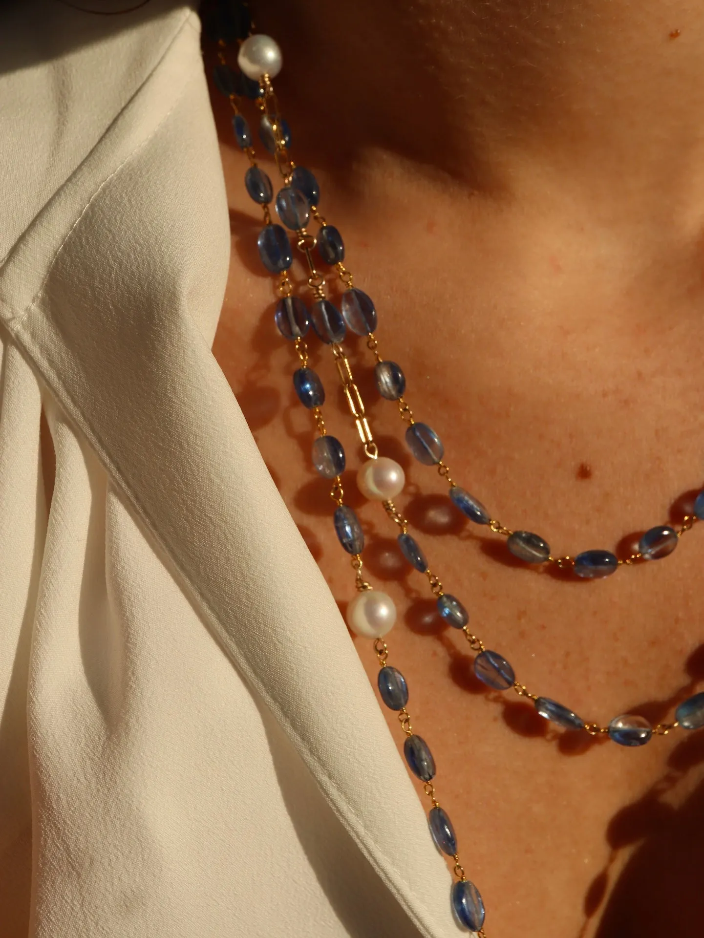 Kyanite & Pearl paperclip chain necklace