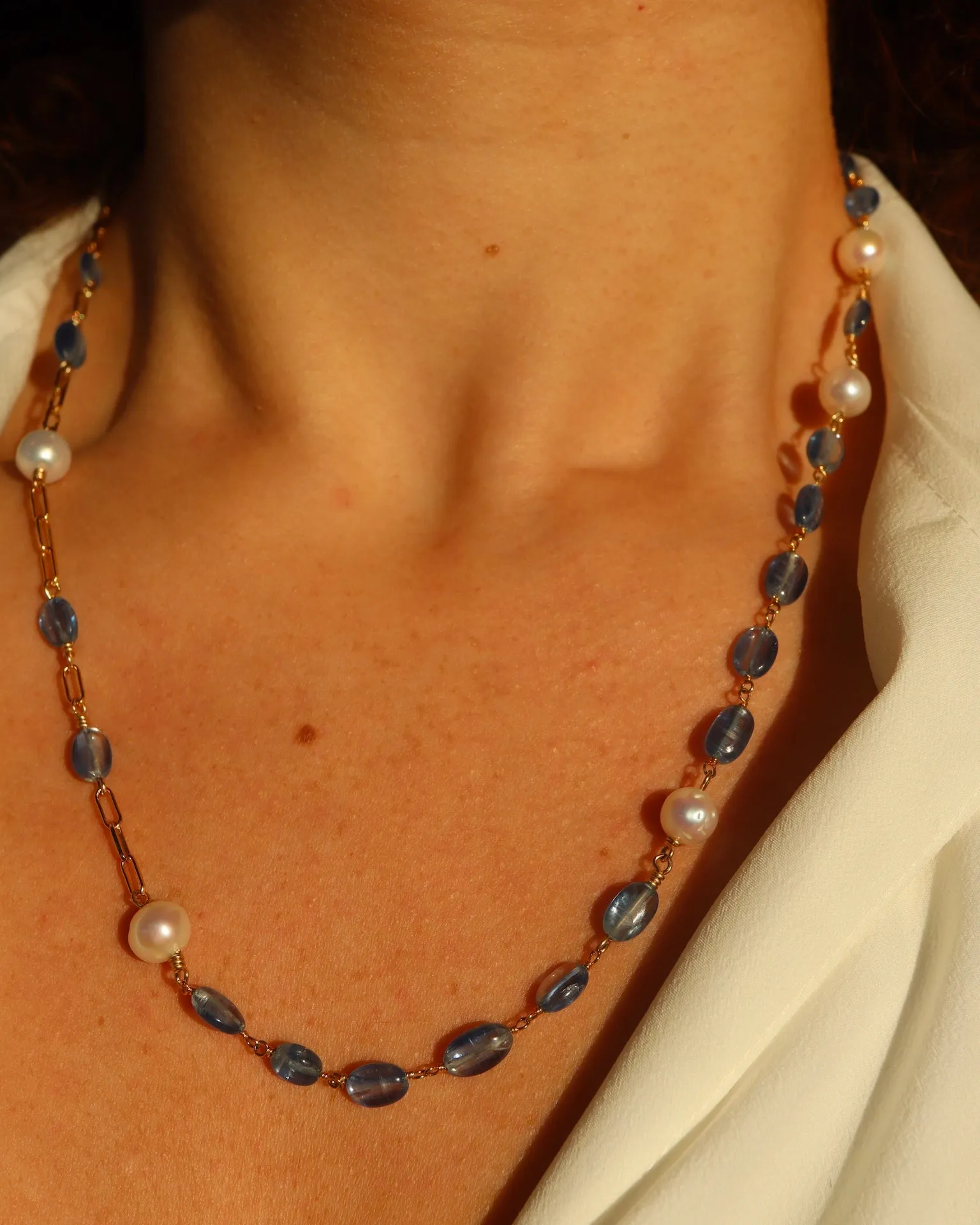 Kyanite & Pearl paperclip chain necklace