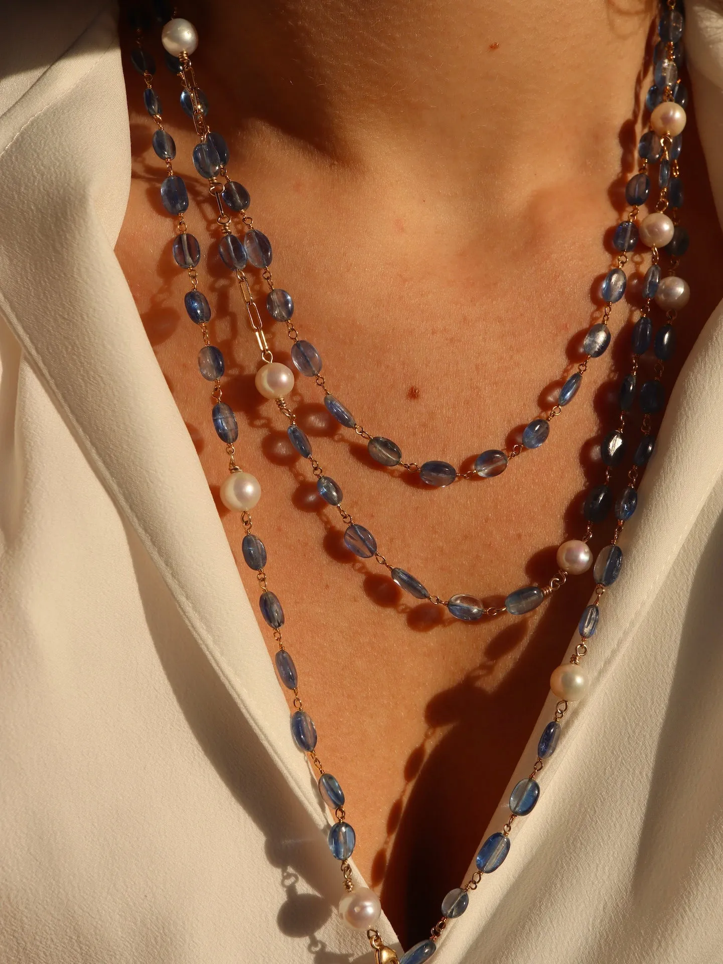 Kyanite & Pearl paperclip chain necklace