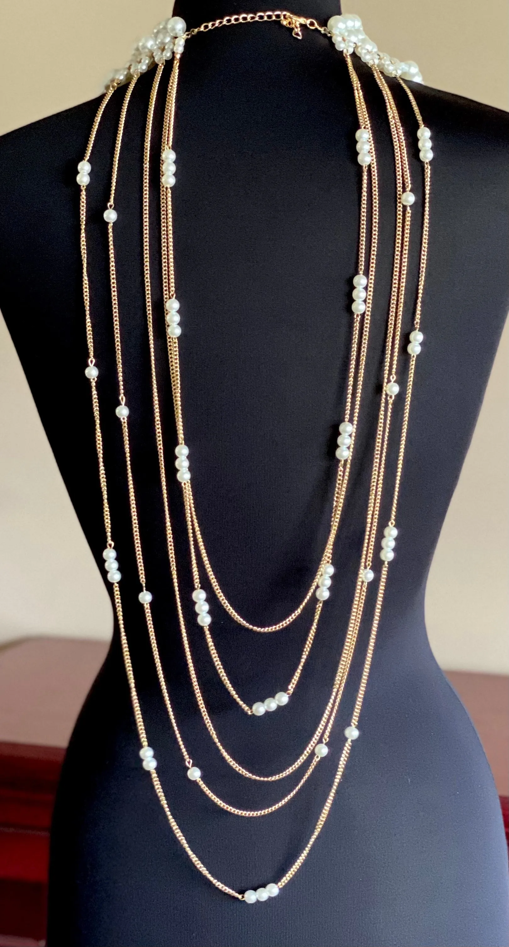 Ladies' Bib Collar Draped Multi-Strand Long Pearl Necklace