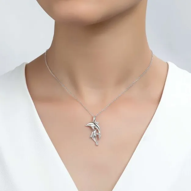 Lafonn Sterling Silver Platinum Plated Simulated Diamonds Mother and Child Dolphin Necklace