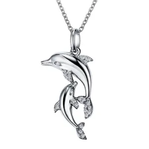 Lafonn Sterling Silver Platinum Plated Simulated Diamonds Mother and Child Dolphin Necklace