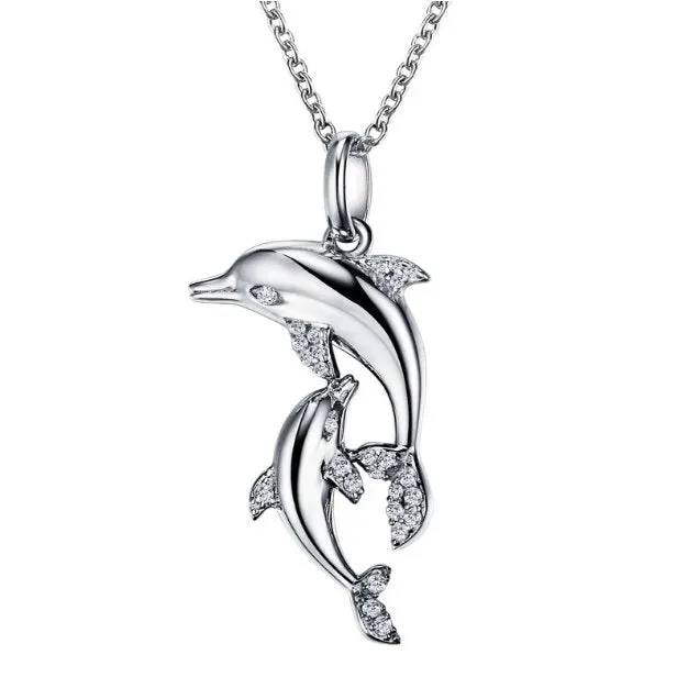 Lafonn Sterling Silver Platinum Plated Simulated Diamonds Mother and Child Dolphin Necklace