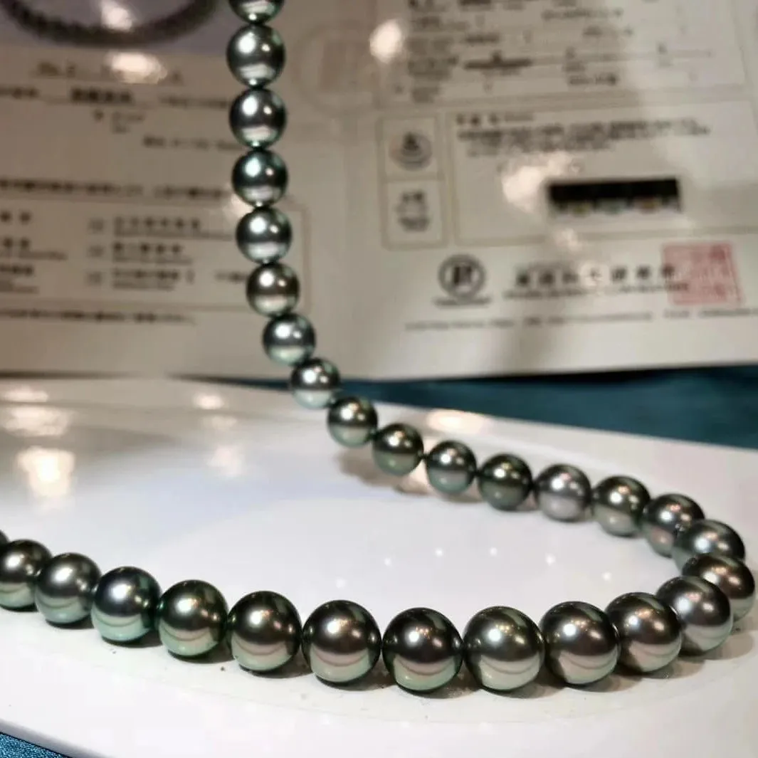 LAGOON | 8.0-11.0 mm True Round Green Tahitian Pearl Necklace | PSL Certificate