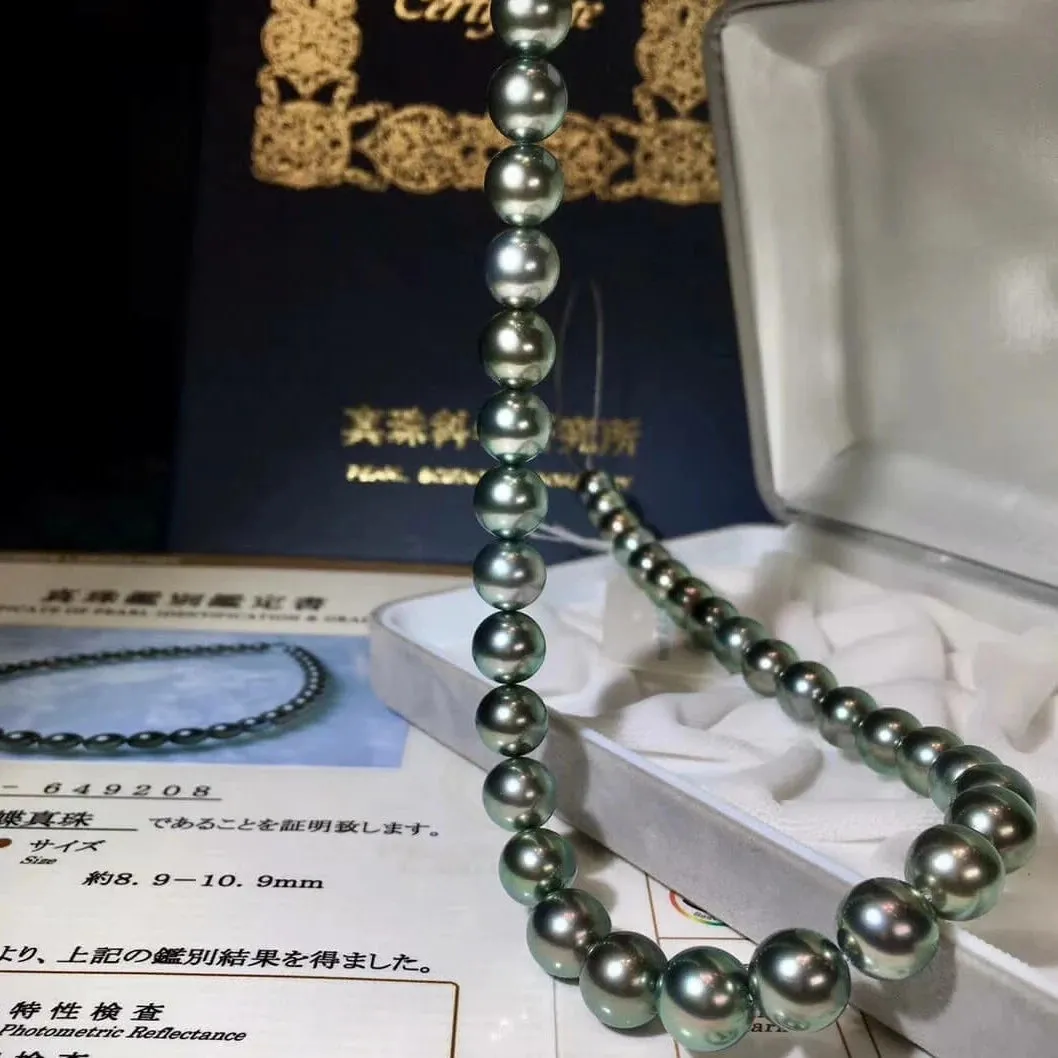 LAGOON | 8.0-11.0 mm True Round Green Tahitian Pearl Necklace | PSL Certificate