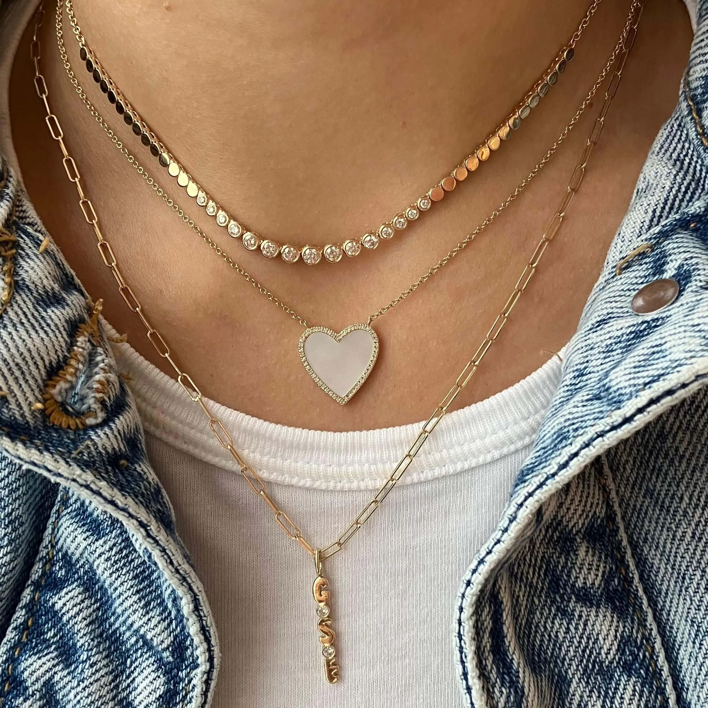 Large Pave Outline Stone Heart Necklace