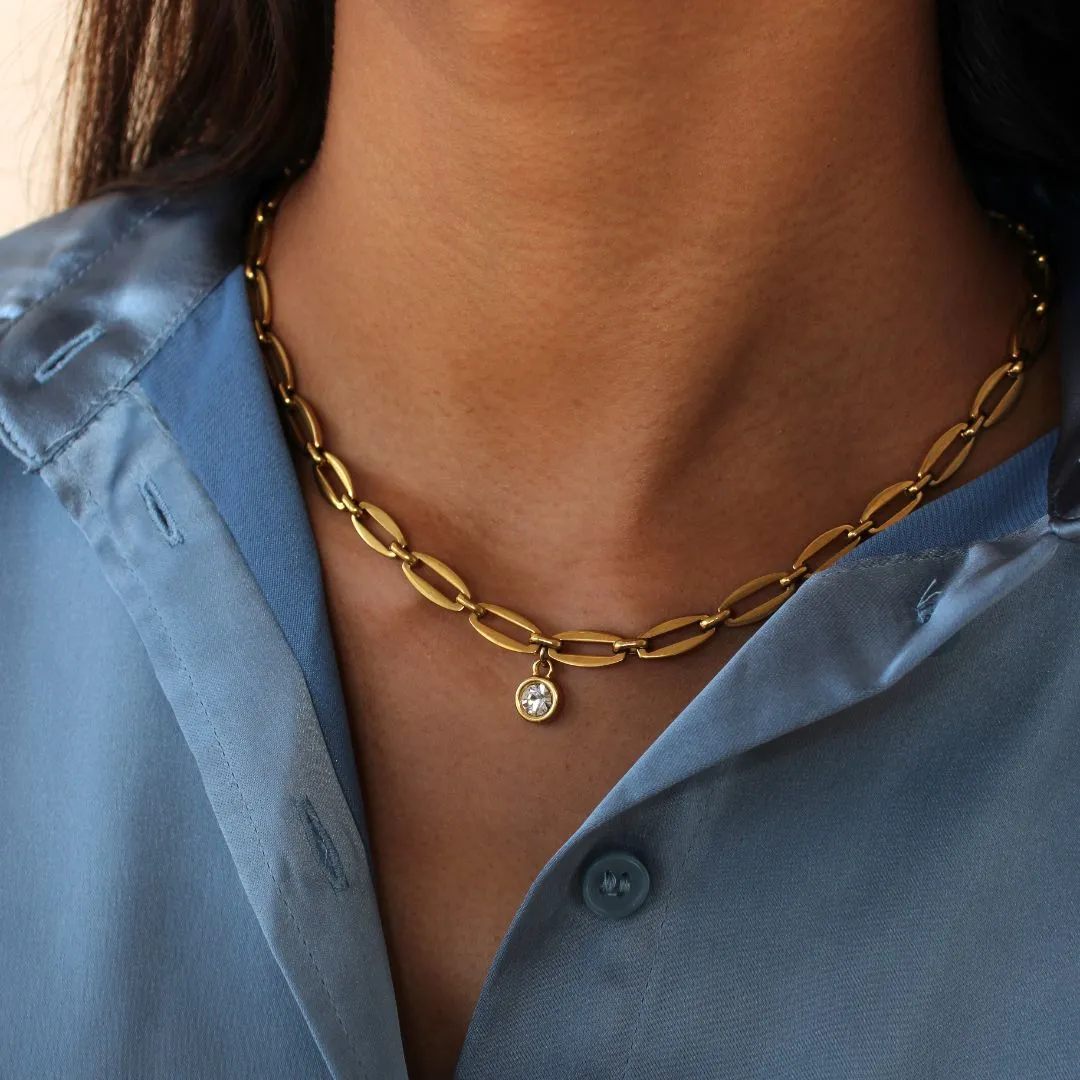 Long Link Birthstone Necklace, Gold