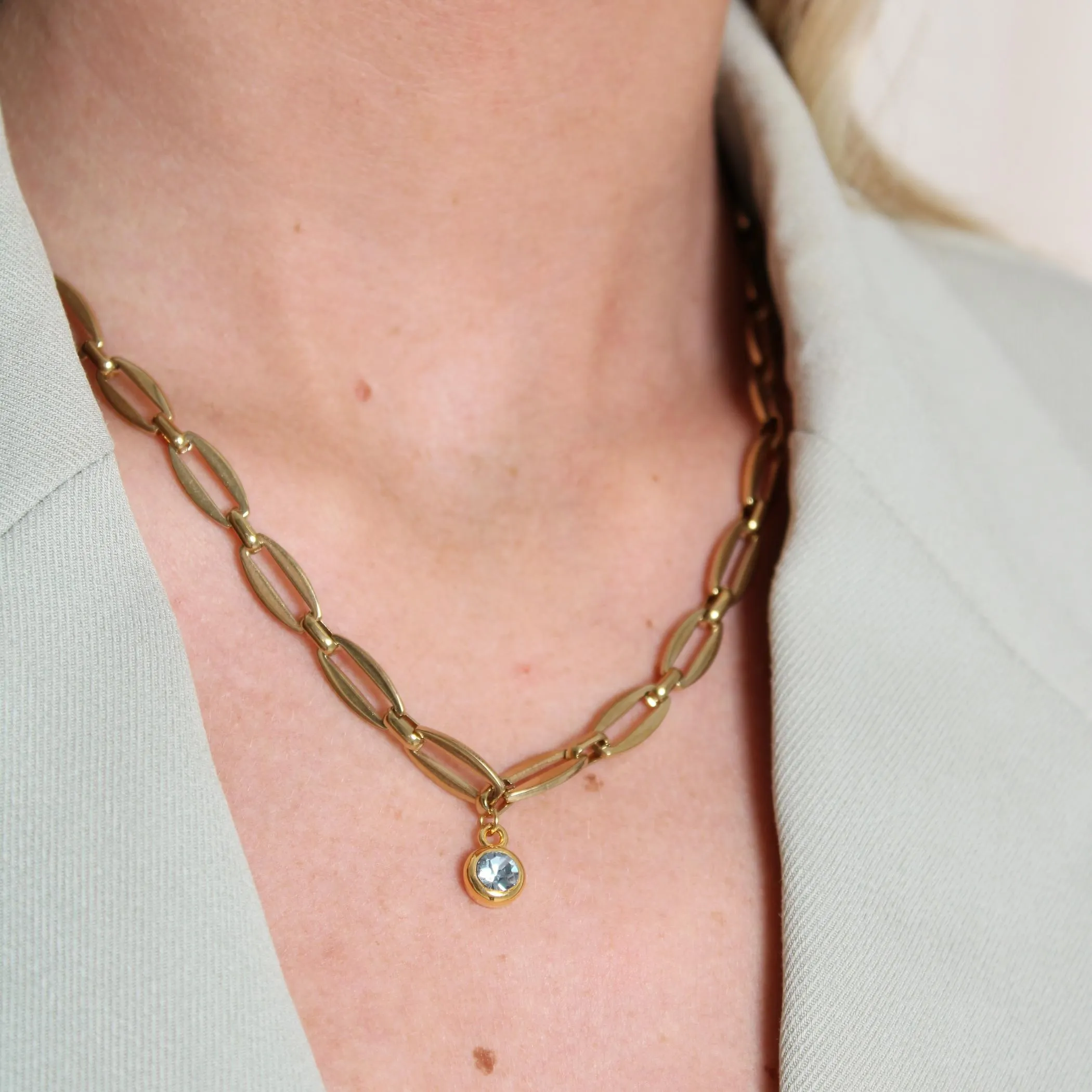 Long Link Birthstone Necklace, Gold