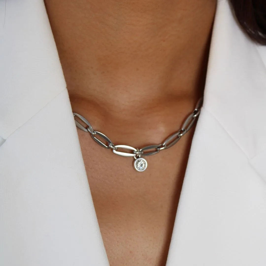 Long Link Birthstone Necklace, Silver