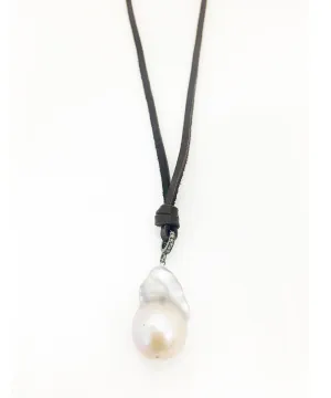 Margo Morrison Grey Baroque Pearl Drop necklace on Deerskin