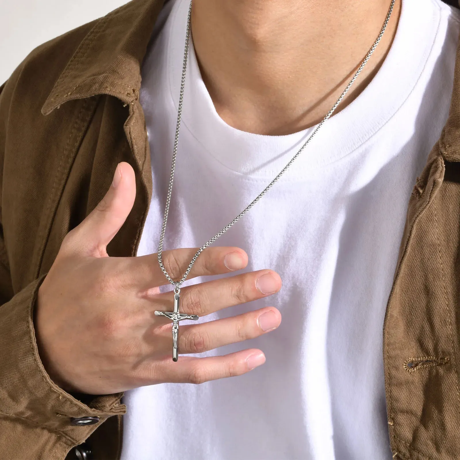 Men Catholic Jesus Christ Cross Crucifix Pendant Necklaces