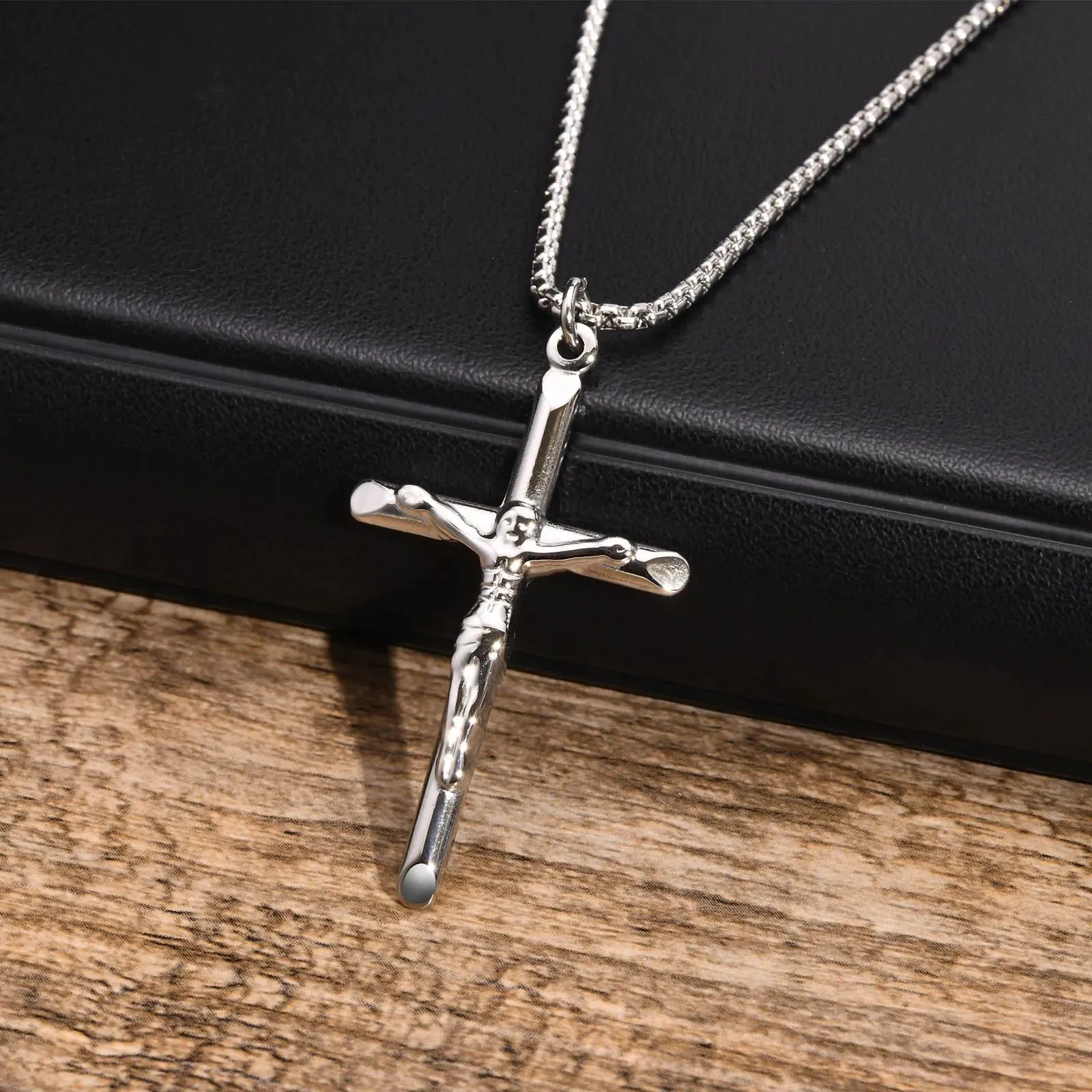 Men Catholic Jesus Christ Cross Crucifix Pendant Necklaces
