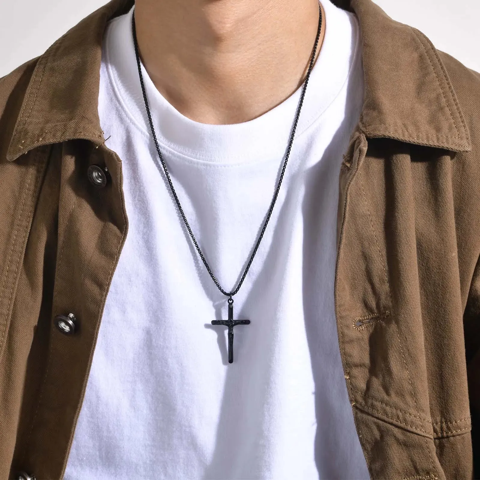 Men Catholic Jesus Christ Cross Crucifix Pendant Necklaces