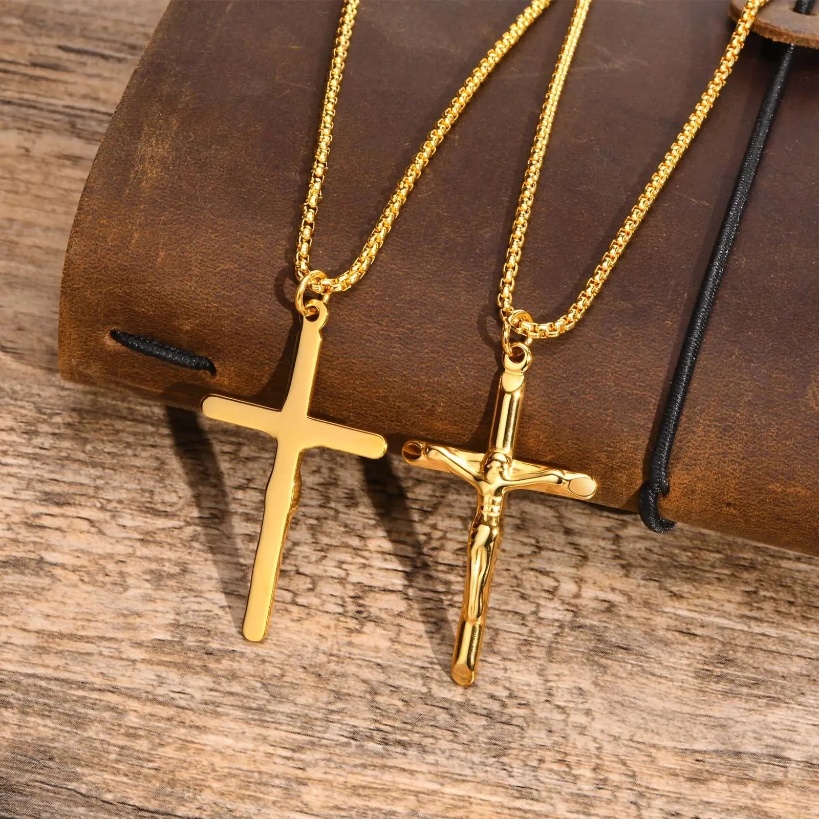 Men Catholic Jesus Christ Cross Crucifix Pendant Necklaces