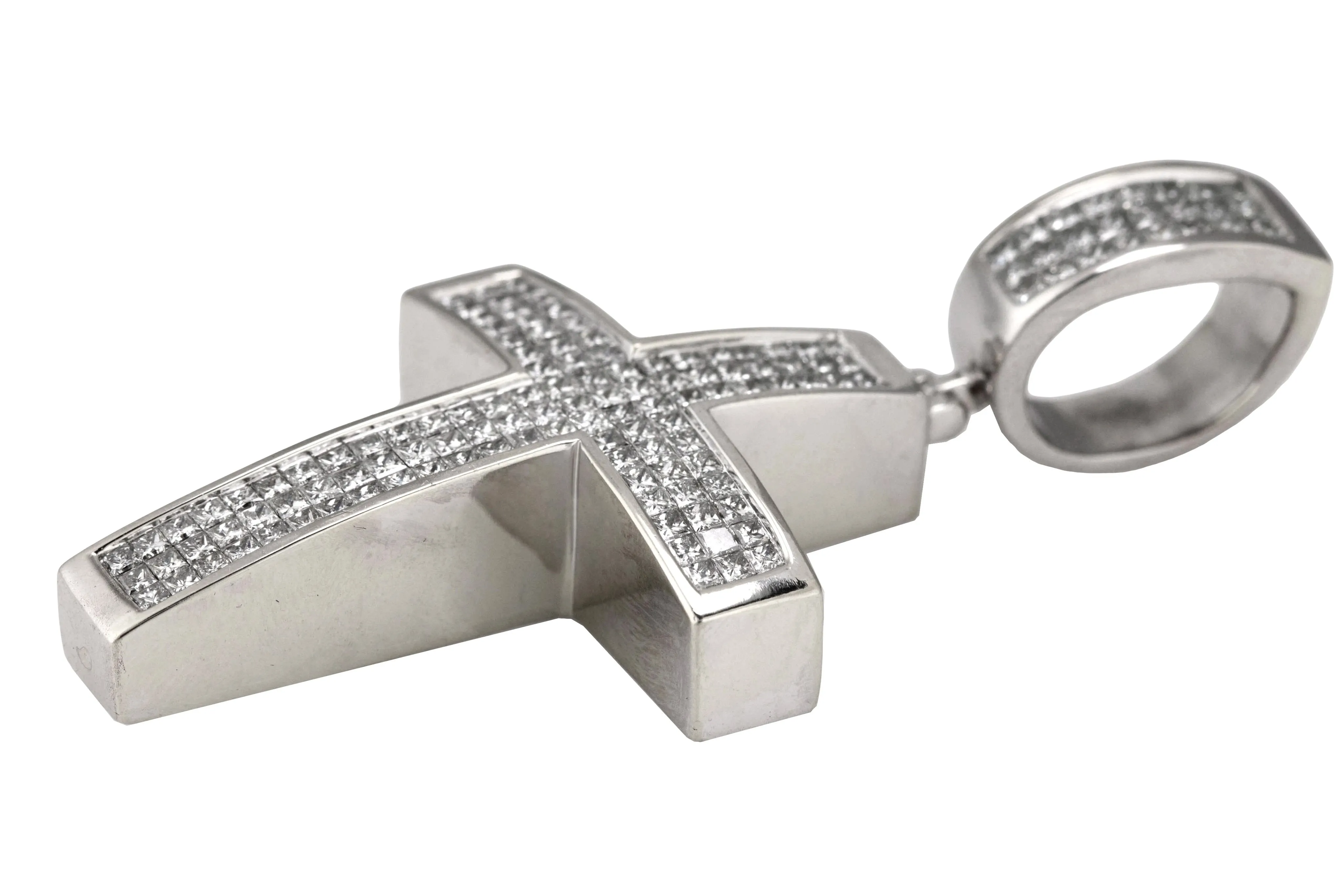 Men's Large 14K White Gold 4.38ctw Princess Cut Diamond Cross Crucifix Pendant