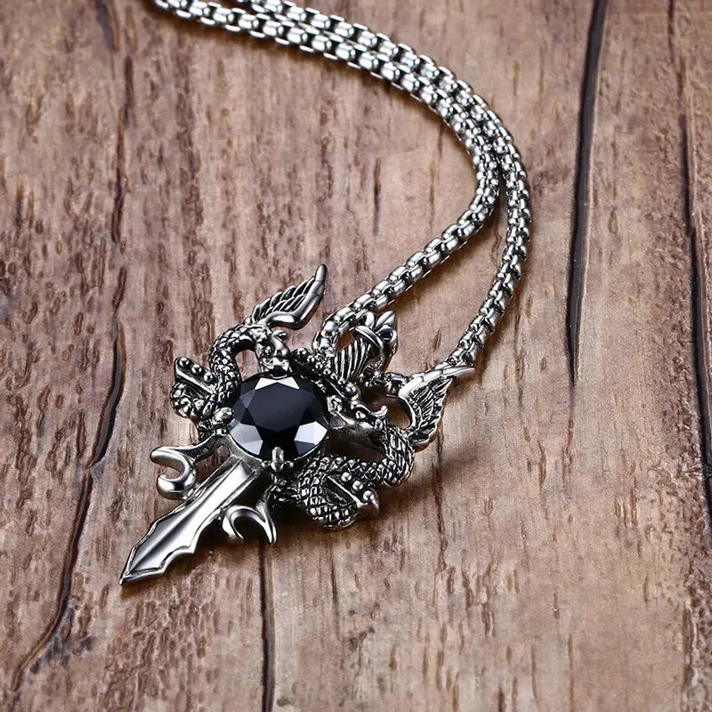 Mens Necklaces, Stainless Steel Double Dragon Cross Sword Pendant  Necklace for Men