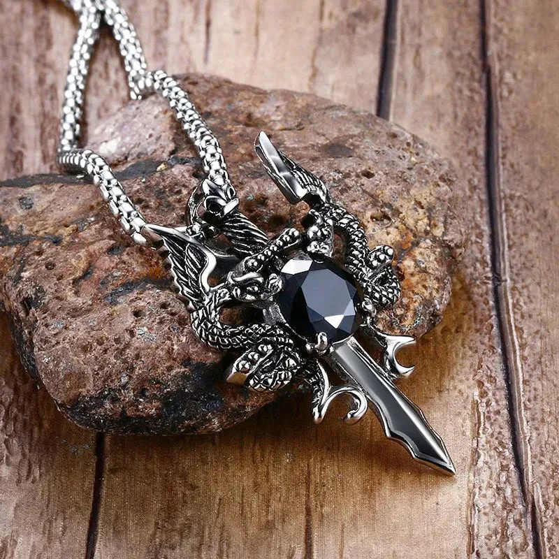 Mens Necklaces, Stainless Steel Double Dragon Cross Sword Pendant  Necklace for Men