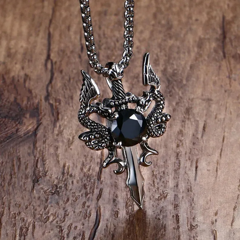 Mens Necklaces, Stainless Steel Double Dragon Cross Sword Pendant  Necklace for Men