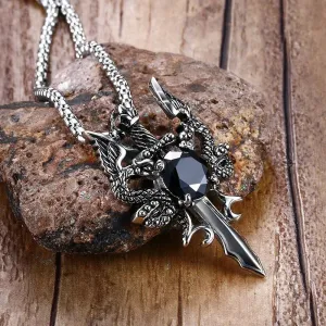Mens Necklaces, Stainless Steel Double Dragon Cross Sword Pendant  Necklace for Men