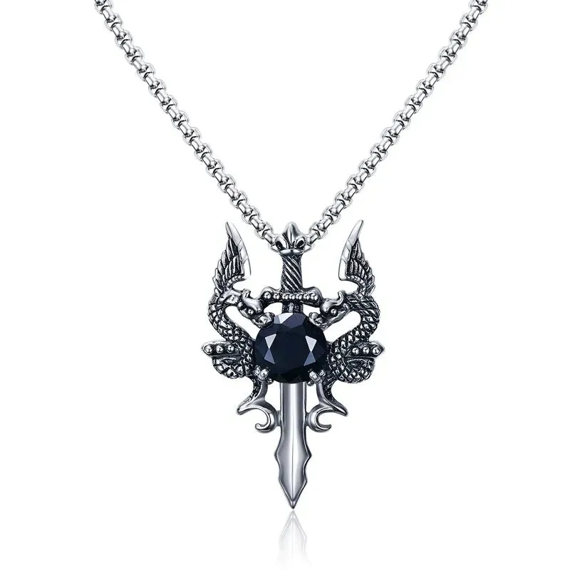 Mens Necklaces, Stainless Steel Double Dragon Cross Sword Pendant  Necklace for Men