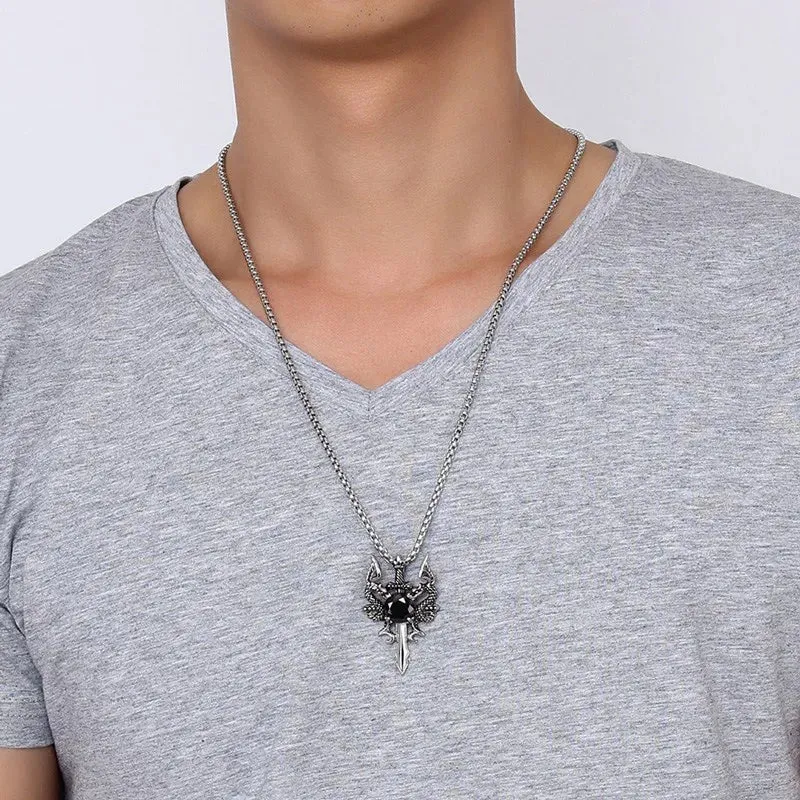 Mens Necklaces, Stainless Steel Double Dragon Cross Sword Pendant  Necklace for Men