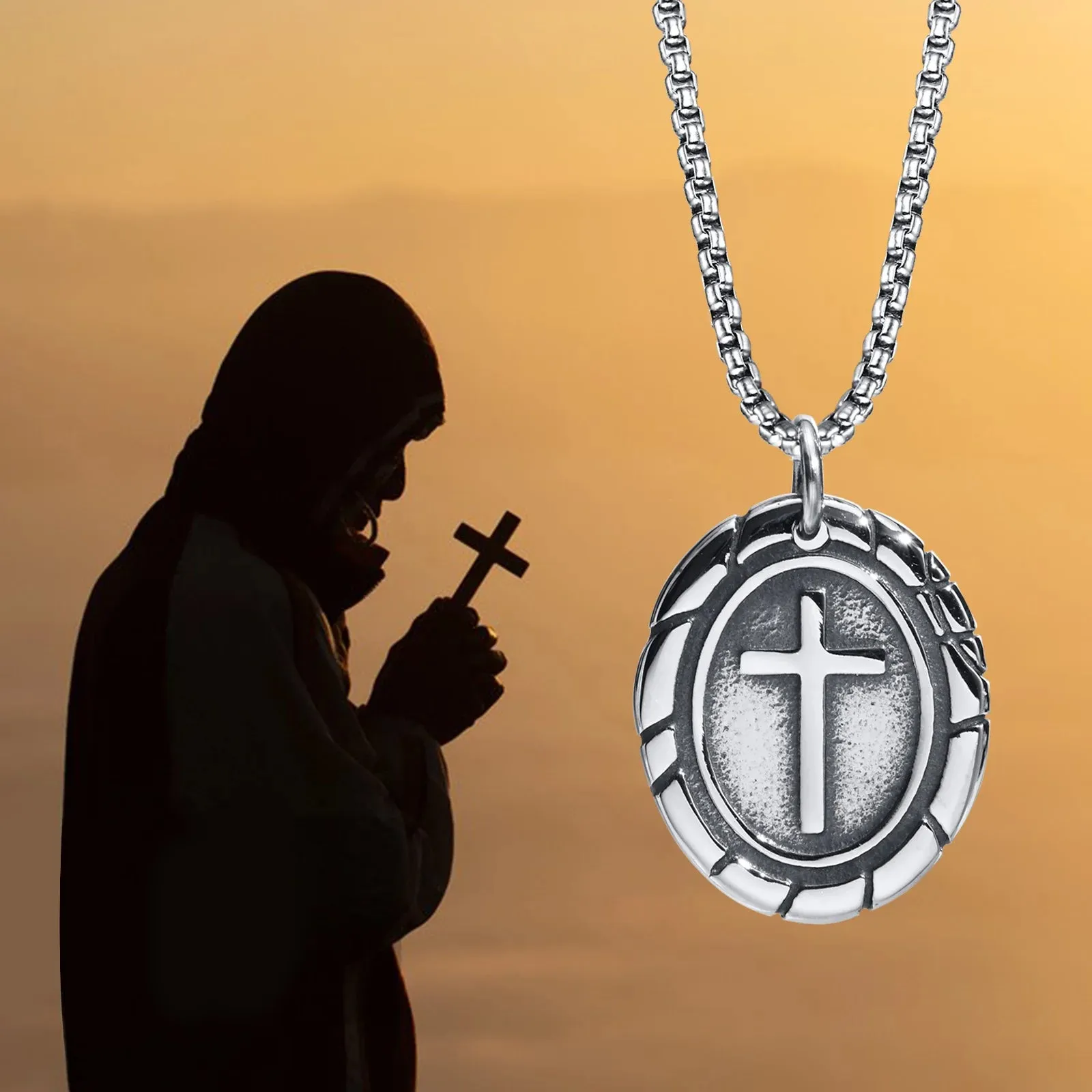Men's Retro Silver Color Stainless Steel Cross Pendant Necklaces