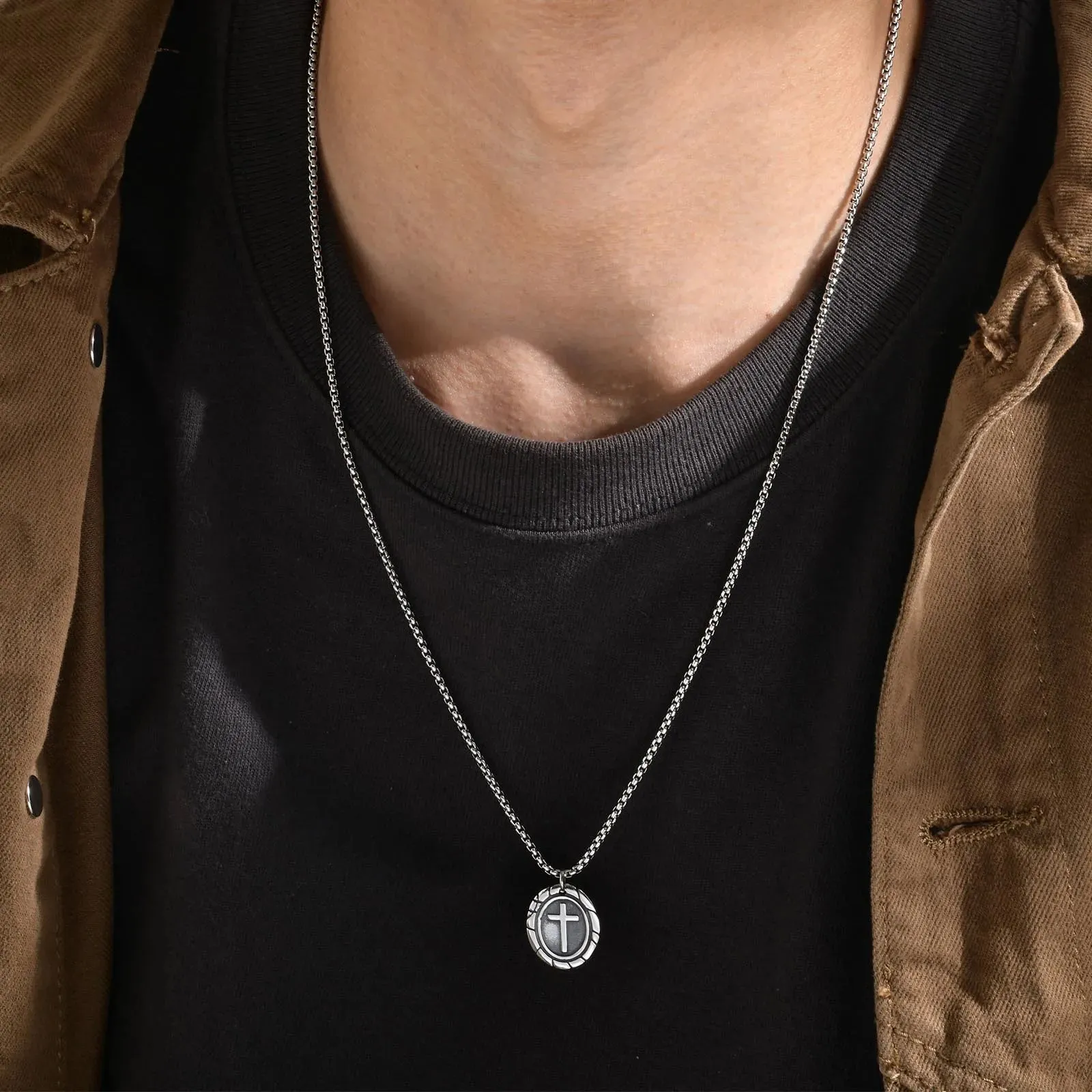 Men's Retro Silver Color Stainless Steel Cross Pendant Necklaces