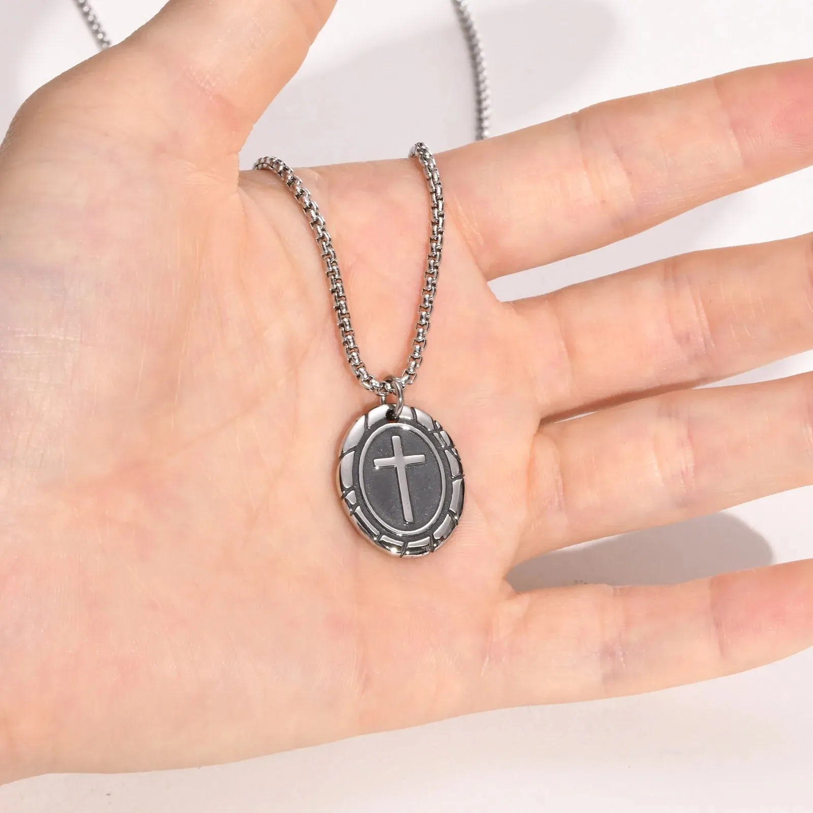 Men's Retro Silver Color Stainless Steel Cross Pendant Necklaces