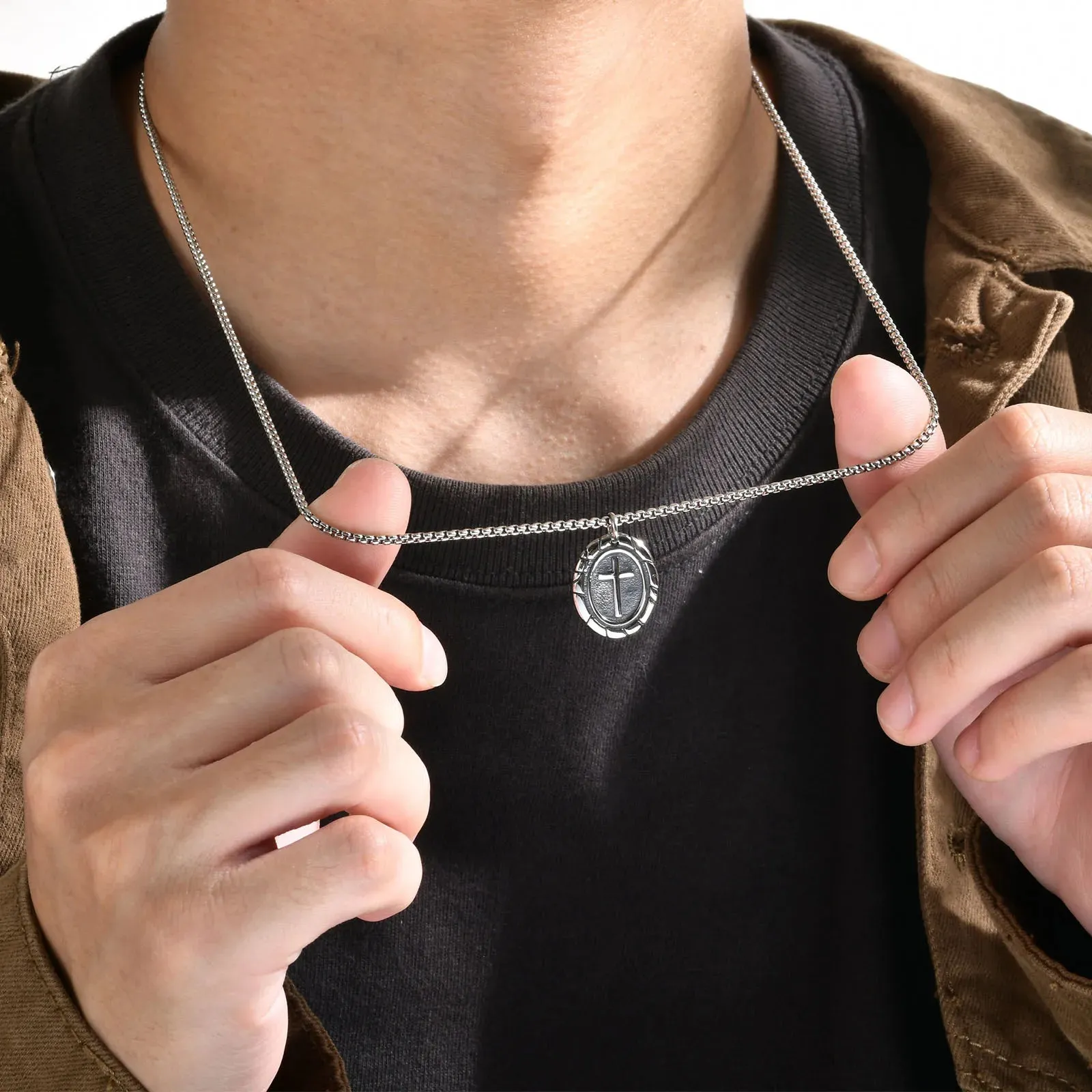 Men's Retro Silver Color Stainless Steel Cross Pendant Necklaces
