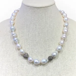 Mid-length Necklace | South Sea Pearls w/ Diamond Heart, Ball & Clasp | 20”