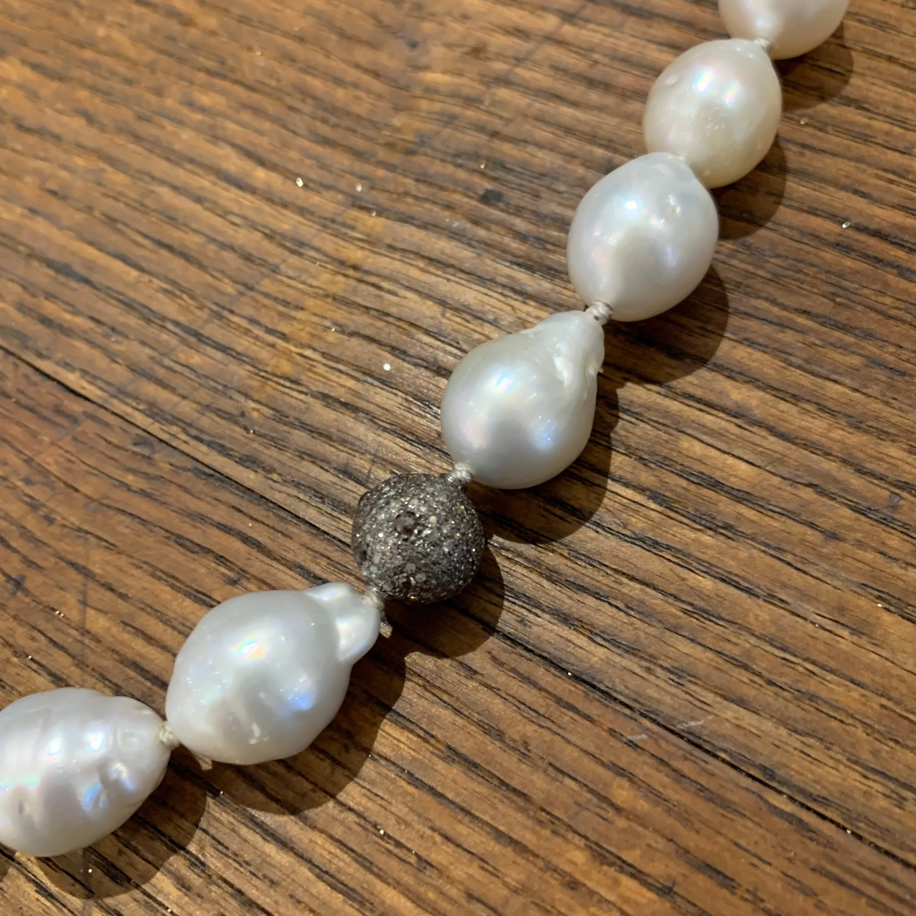 Mid-length Necklace | South Sea Pearls w/ Diamond Heart, Ball & Clasp | 20”