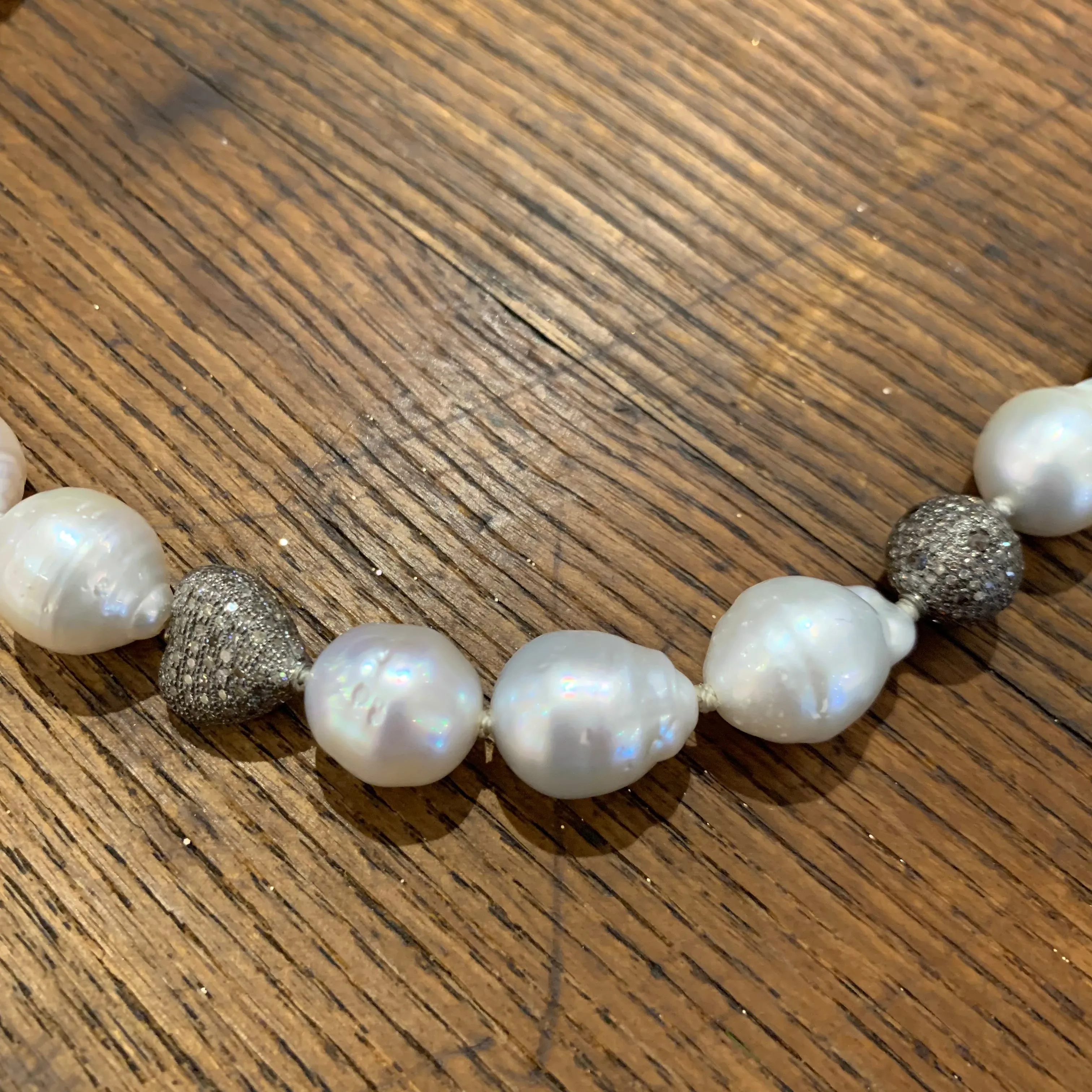 Mid-length Necklace | South Sea Pearls w/ Diamond Heart, Ball & Clasp | 20”