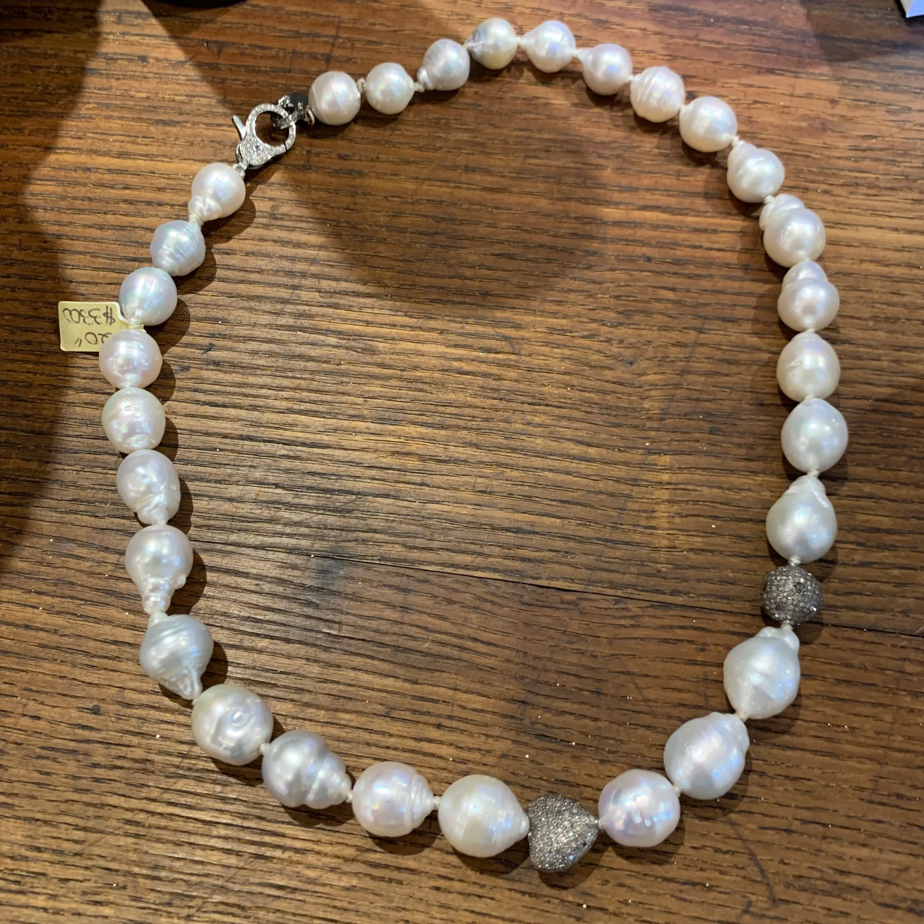 Mid-length Necklace | South Sea Pearls w/ Diamond Heart, Ball & Clasp | 20”