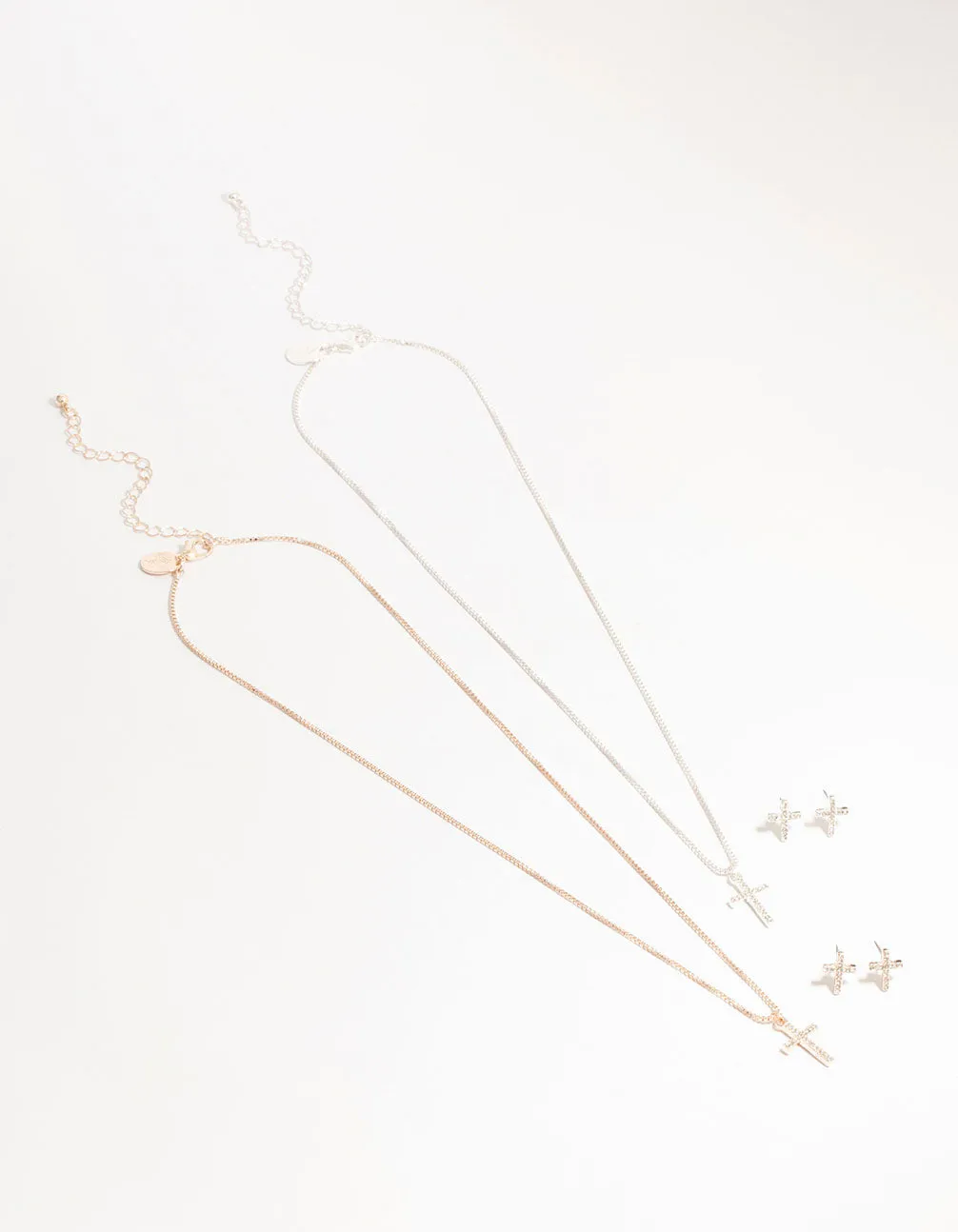 Mixed Metals Diamante Cross Necklace & Stud Earrings Set